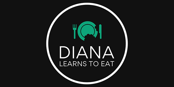 Plate with bite marks, fork and knife on each side, with copy Diana Learns to Eat beneath, within a white circle on black background.